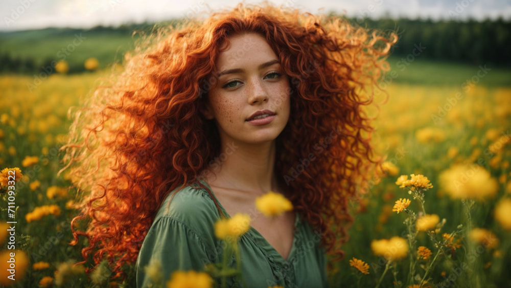 Naklejka premium Bellissima ragazza con capelli rossi e ricci in un prato pieno di fiori in primavera