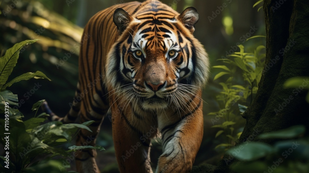 Fototapeta premium Majestic Bengal Tiger Gazing Intently in Striking Profile Amidst Lush Jungle Foliage - AI-Generative
