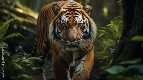 Majestic Bengal Tiger Gazing Intently in Striking Profile Amidst Lush Jungle Foliage - AI-Generative © Being Imaginative