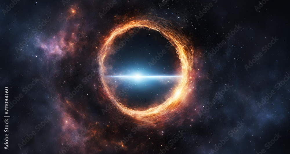 Black hole and a disk of glowing plasma. supermassive singularity in outer space, Stars of a planet and galaxy in a free space 3d rendering.