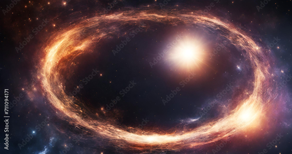 A spiral galaxy with a bright light in the center, Quasar Active Galactic Nucleus Celestial Beacon Cosmic Lighthouse Emission Line Galaxy Radiating, Amazing space scene with constellations and stars.