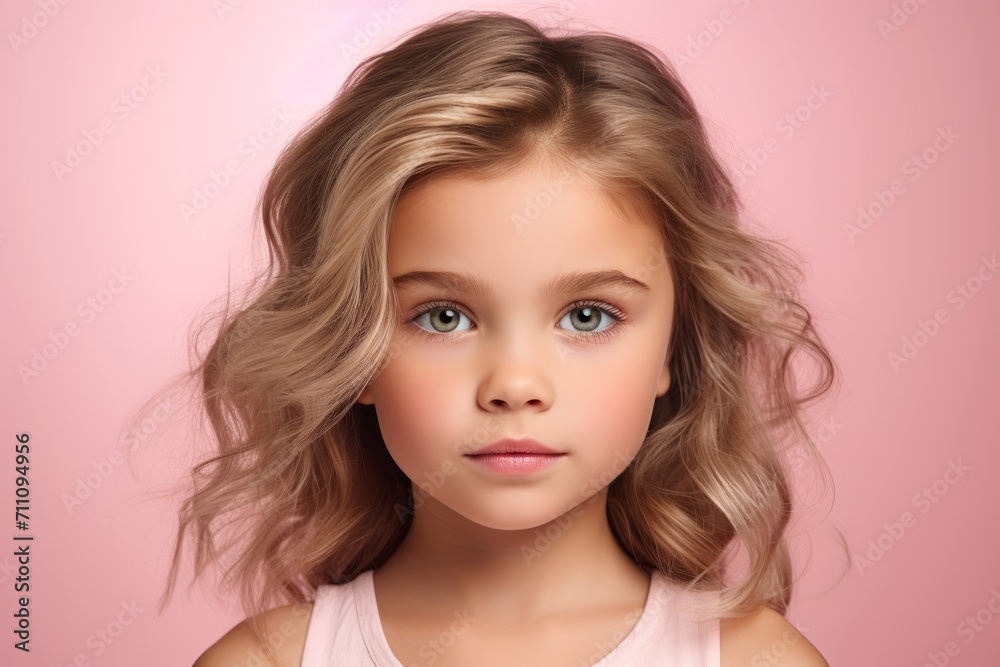 Portrait of a beautiful little girl with long blond hair on a pink background. Portrait of a beautiful little girl with long blond hair on a pink background.