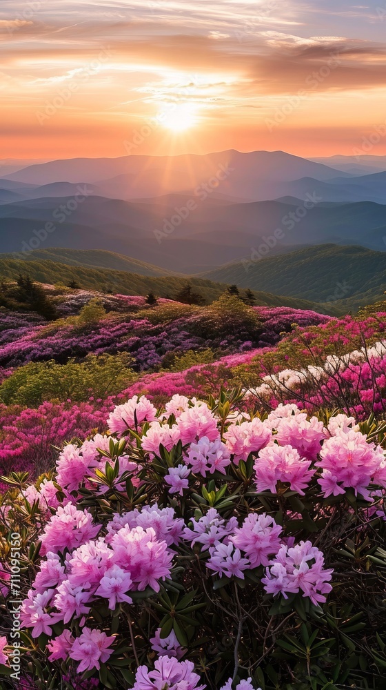 Serene Pink Flower Field With Majestic Mountain Backdrop Serene Pink Flower Field With Majestic Mountain Backdrop
