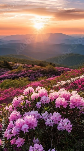 Serene Pink Flower Field With Majestic Mountain Backdrop
