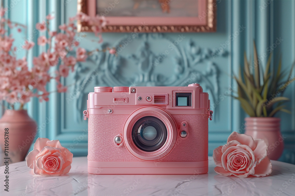 Retro pink camera, between two pink flowers, on a marble table. In the background, two pots with plants and flowers, a painting, and a turquoise baroque wall.