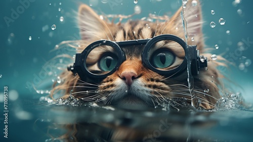 Enigmatic Feline Rebel: Cat Nonchalantly Smoking Cigarettes Beneath the Ocean Depths - AI-Generative photo