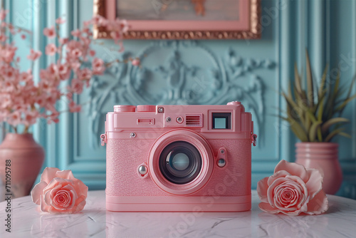 Obraz na płótnie Retro pink camera, between two pink flowers, on a marble table. In the background, two pots with plants and flowers, a painting, and a turquoise baroque wall. w salonie