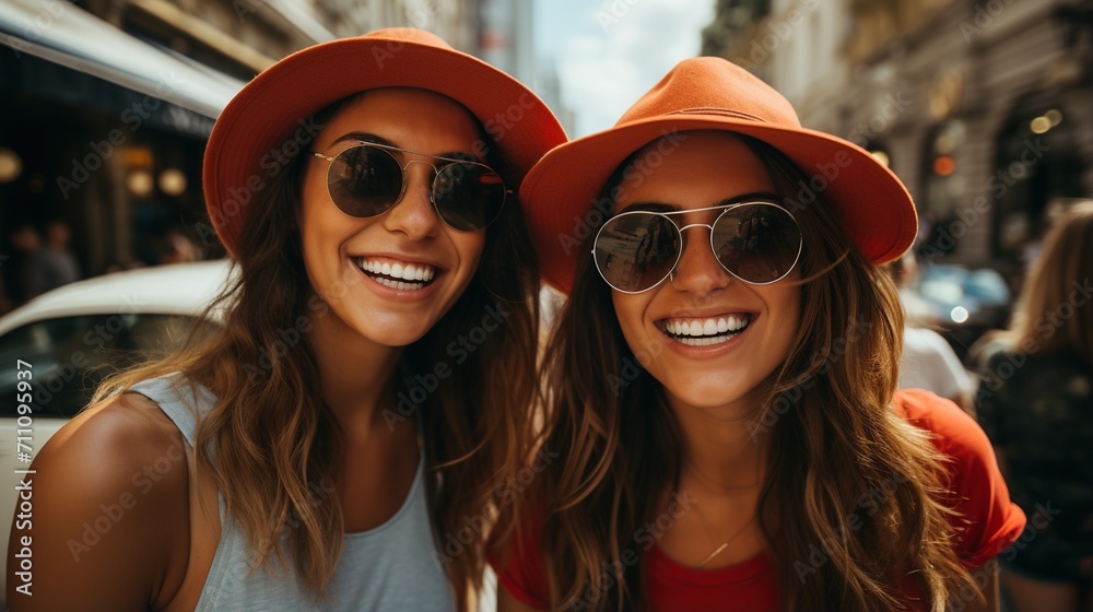 Two happy young women wearing orange hats and sunglasses smiling and posing for a photo