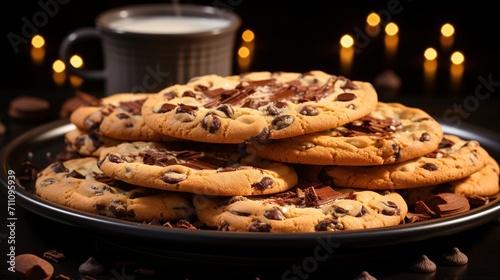 Close-up of a plate of chocolate chip cookies with a cup of milk in the background