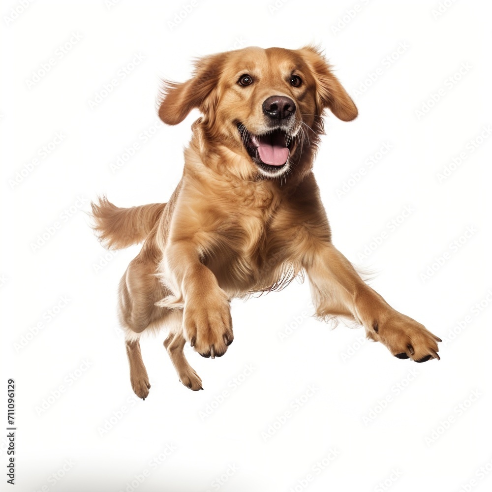 Golden Retriever running happily in mid air,