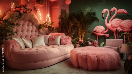 pink and green living room