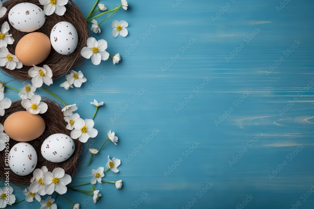 Easter eggs in the nest and flowers on light blue wooden background. Happy Easter concept. Simple spring template, greeting card, banner. Top view, flat lay with copy space	