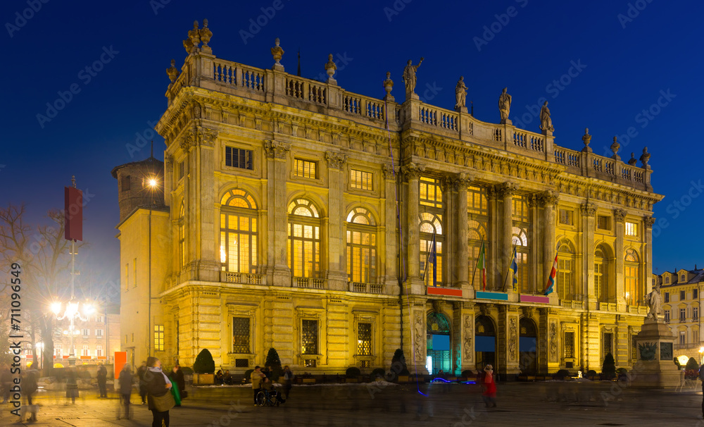 Illuminated facade of Palazzo Madama in Turin at night, Italy