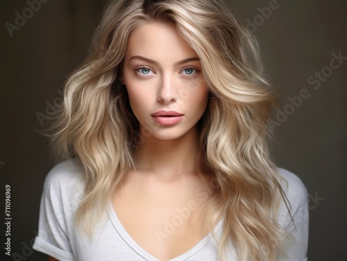 A beautiful blonde woman with blue eyes and long wavy hair