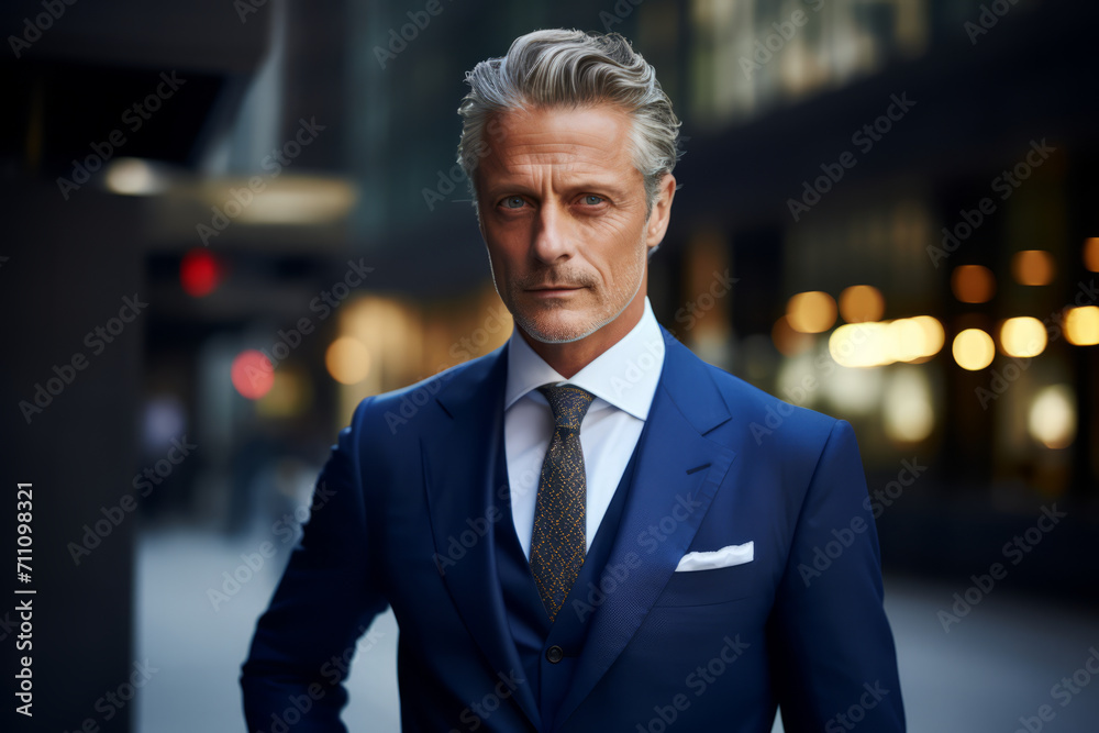 A sophisticated, middle-aged man with greying hair, dressed in a tailored navy suit and crisp white shirt, elegantly accessorizing with a platinum tie bar, stands in a modern A sophisticated, middle-aged man with greying hair, dressed in a tailored navy suit and crisp white shirt, elegantly accessorizing with a platinum tie bar, stands in a modern