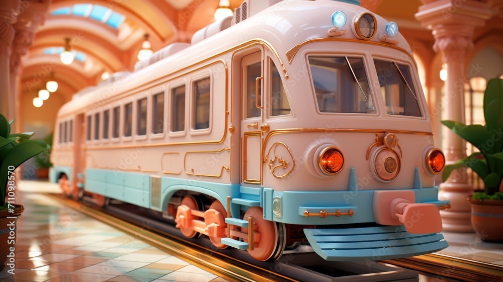 Fototapeta premium A pink and white toy train sits on a track in a pink and white room