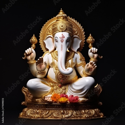 White and gold elephant god statue with lotus flowers