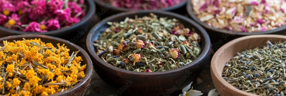 assortment of dry tea in wooden bowls, healing herbs in with chamomile and essentials, panorama backgrounds banner. assortment of dry tea in wooden bowls, healing herbs in with chamomile and essentials, panorama backgrounds banner.