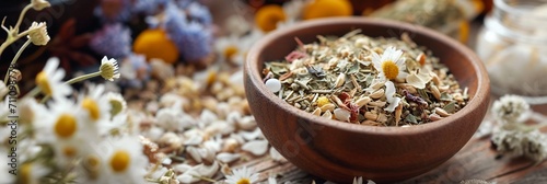 assortment of dry tea in wooden bowls, healing herbs in with chamomile and essentials, panorama backgrounds banner.