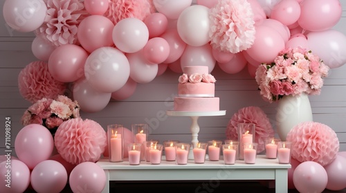 Elegant pink birthday party decoration with a lot of pink and white balloons, flowers, and candles photo