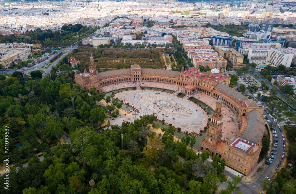 Panoramic view of palace and Spain square (Plaza de Espana) in Seville, Spain