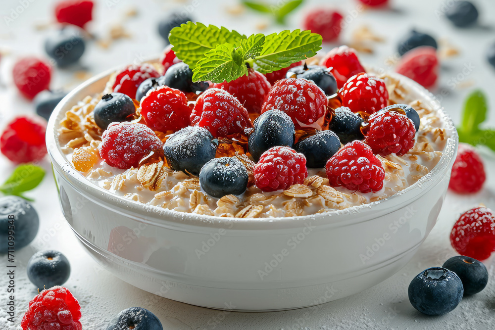 Oatmeal topped with mixed berries and a drizzle of honey Oatmeal topped with mixed berries and a drizzle of honey