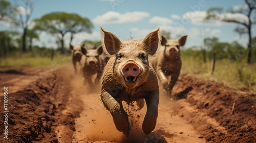 A group of wild pigs running in the middle of a muddy field photo