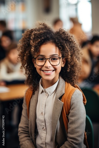 Portrait of a happy young school girl with curly hair wearing glasses