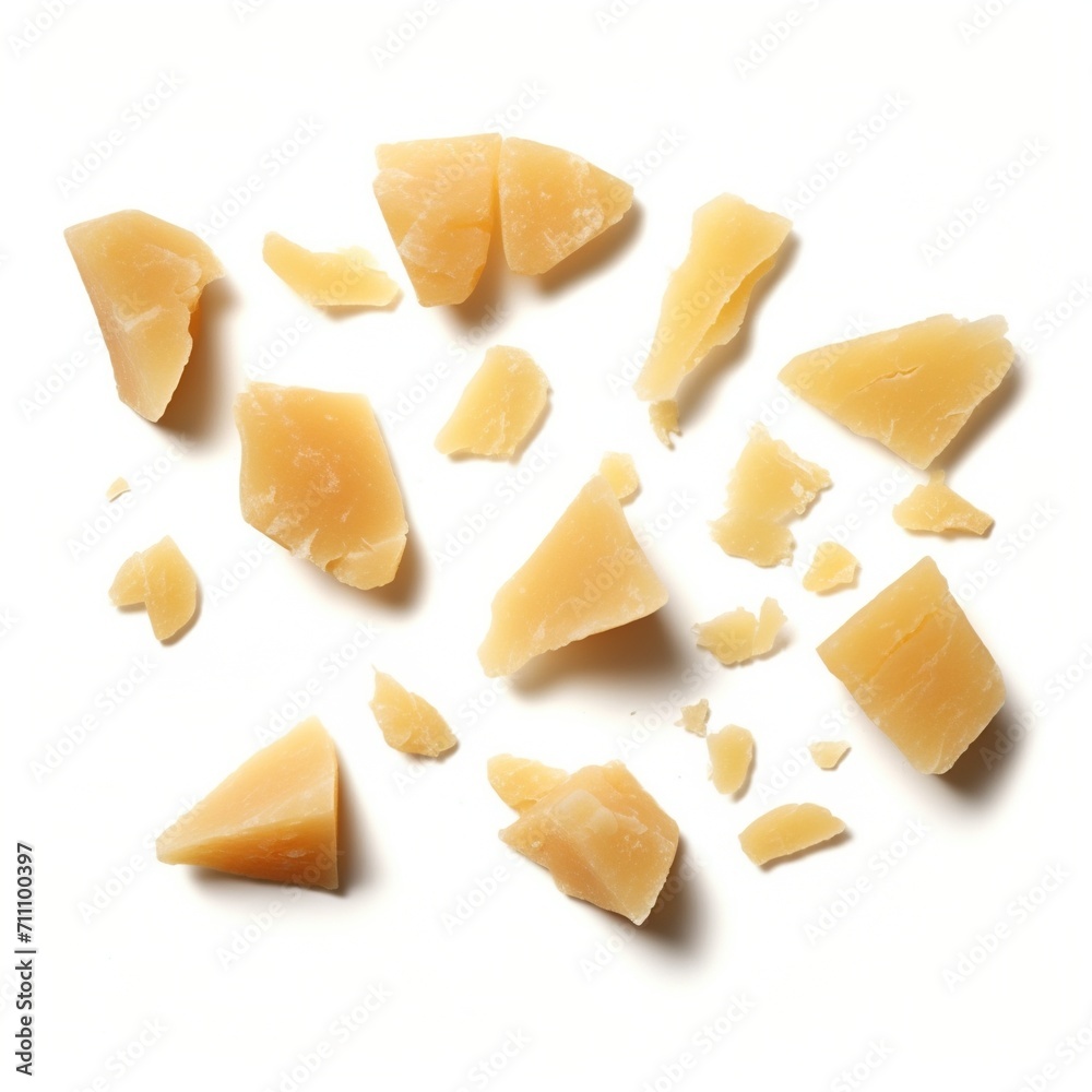 A pile of broken pieces of hard cheese A pile of broken pieces of hard cheese