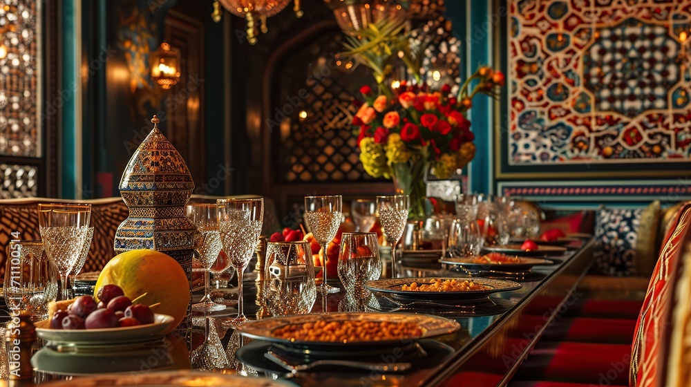 Culinary Elegance: Islamic-Inspired Dining Area with Elaborate Table Setting Featuring Date Fruit