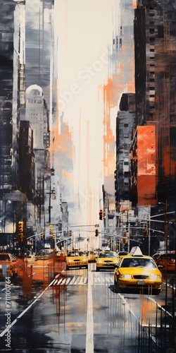 Urban City Street with Yellow Taxis