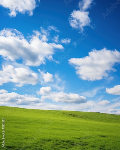 Green rolling hills under a blue sky with white clouds © duyina1990