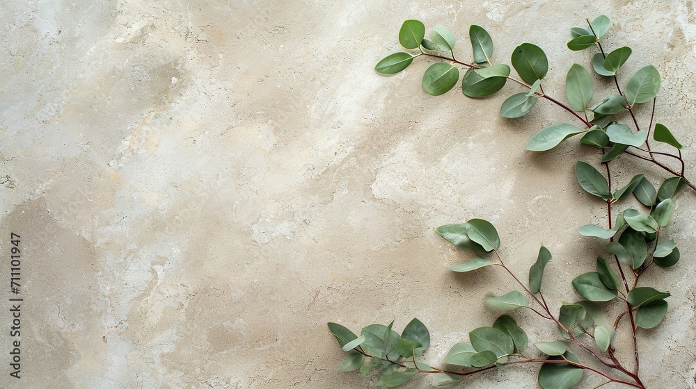 Granite stone with branch green leaf on beige background Granite stone with branch green leaf on beige background