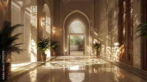 Tranquil Radiance: Low-Light Islamic Interior with Subdued Lighting, Showcasing the Elegance of Islamic Design