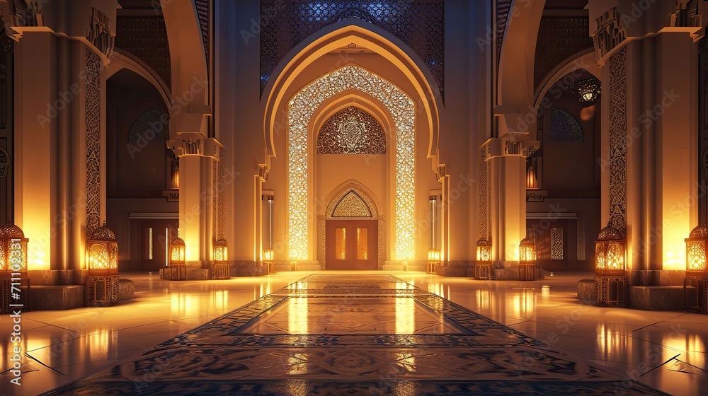 Artful Illumination: Low-Light Islamic Interior with Carefully Positioned Lighting Accentuating Islamic Art and Design