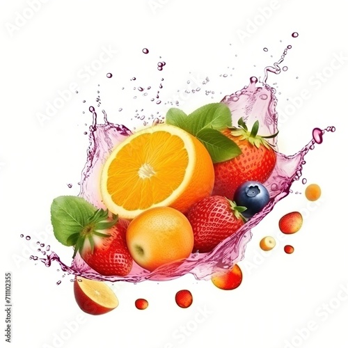 Assorted Fruits with Leafy Greens and Water Splash