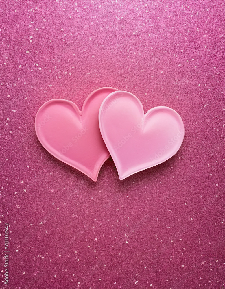 watercolor drawing Two Hearts On Pink Glitter In Shiny Background - Valentine's Day Concept, banner