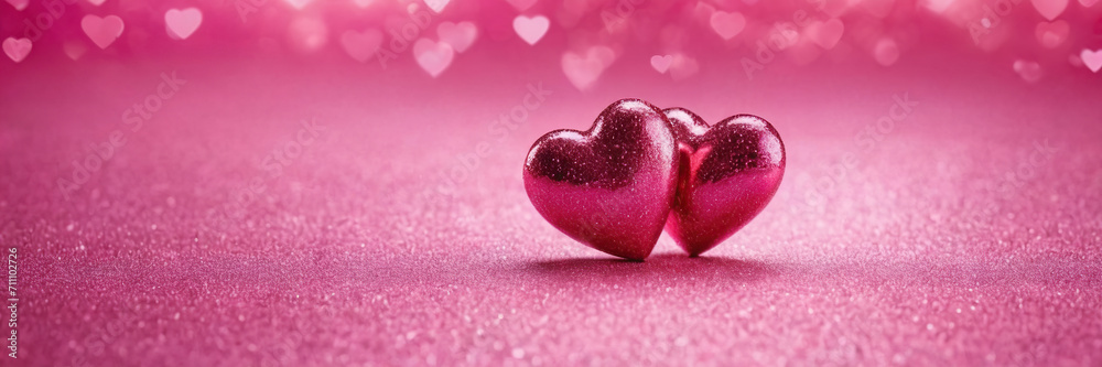 watercolor drawing Two Hearts On Pink Glitter In Shiny Background - Valentine's Day Concept, banner