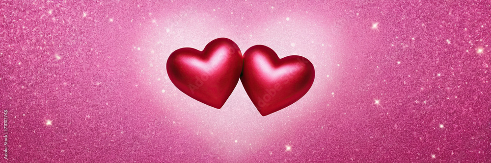 watercolor drawing Two Hearts On Pink Glitter In Shiny Background - Valentine's Day Concept, banner