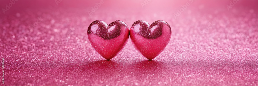 watercolor drawing Two Hearts On Pink Glitter In Shiny Background - Valentine's Day Concept, banner