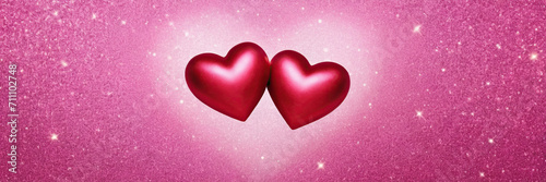 watercolor drawing Two Hearts On Pink Glitter In Shiny Background - Valentine's Day Concept, banner