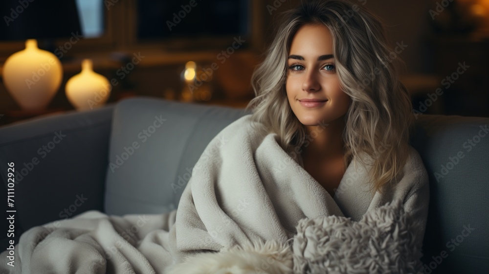Young woman relaxing on couch covered with blanket