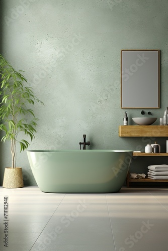 Green bathroom interior with freestanding bathtub and houseplant