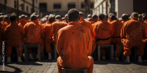Inmates in a penitentiary center. Group of unrecognizable prisoners in orange uniform in jail. Lineup of anonymous people with prison outfit. photo