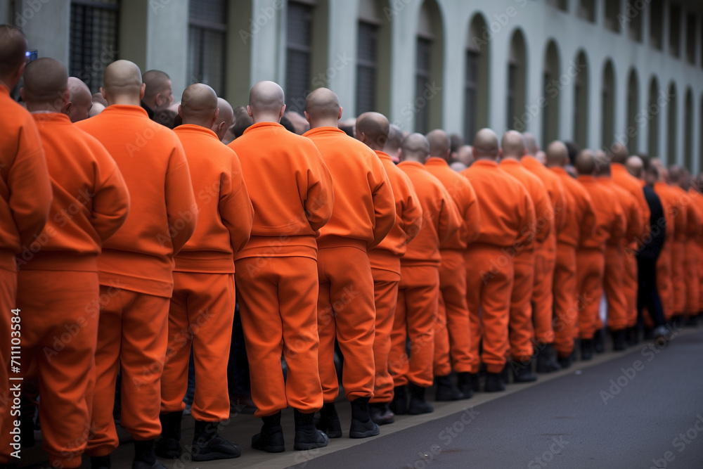 Inmates in a penitentiary center. Group of unrecognizable prisoners in ...