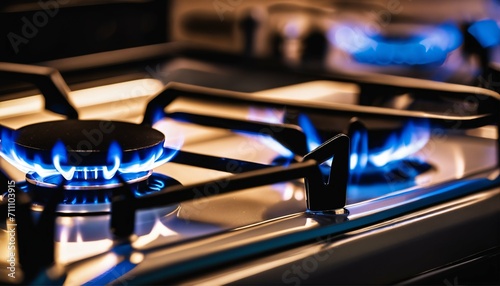 Horizontal banner of burning gas stove burner, blue flame transparency, symbolizing economic crisis and increasing gas prices