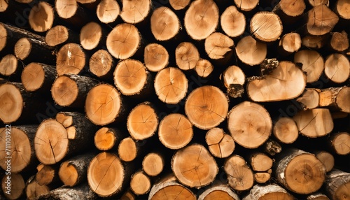 Lumber in the forest, stacked cut wooden logs, logging and harvesting for fuel and firewood