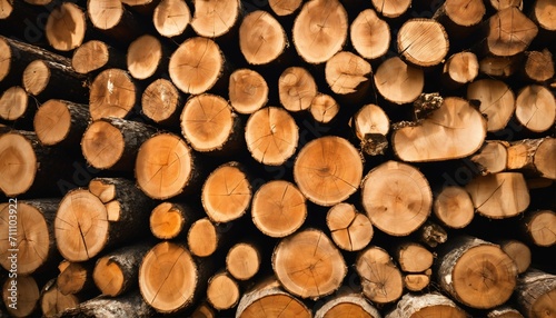 Lumber in the forest  stacked cut wooden logs  logging and harvesting for fuel and firewood