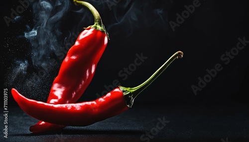 Red hot chilli pepper in fire on dark black background, creative wallpaper of burning pepper