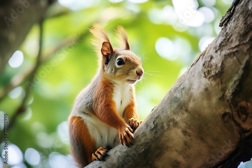 Small red squirrel on a tree branch